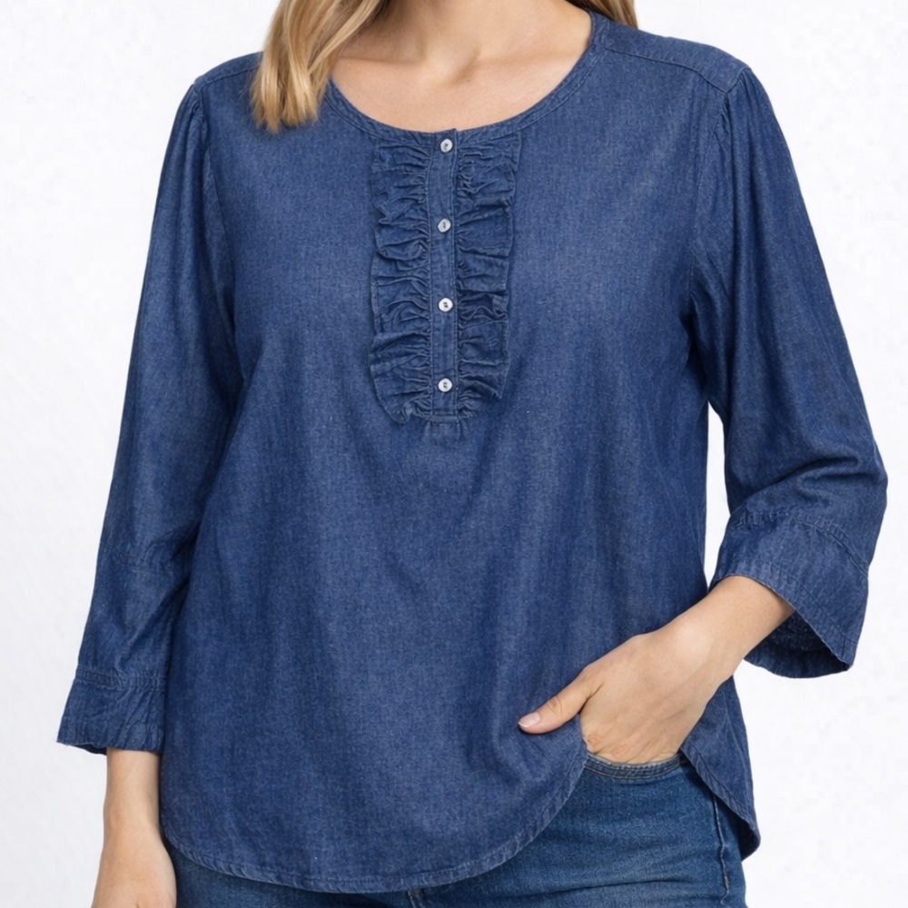 Draper James Denim Chambray Ruffle Bell Sleeve Popover Blouse